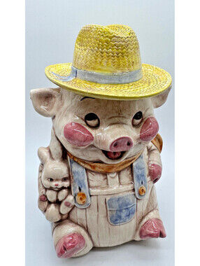 Vintage 1960s Treasure Craft Farmer Pig Cookie Jar Straw Hat Bunny USA Ceramic